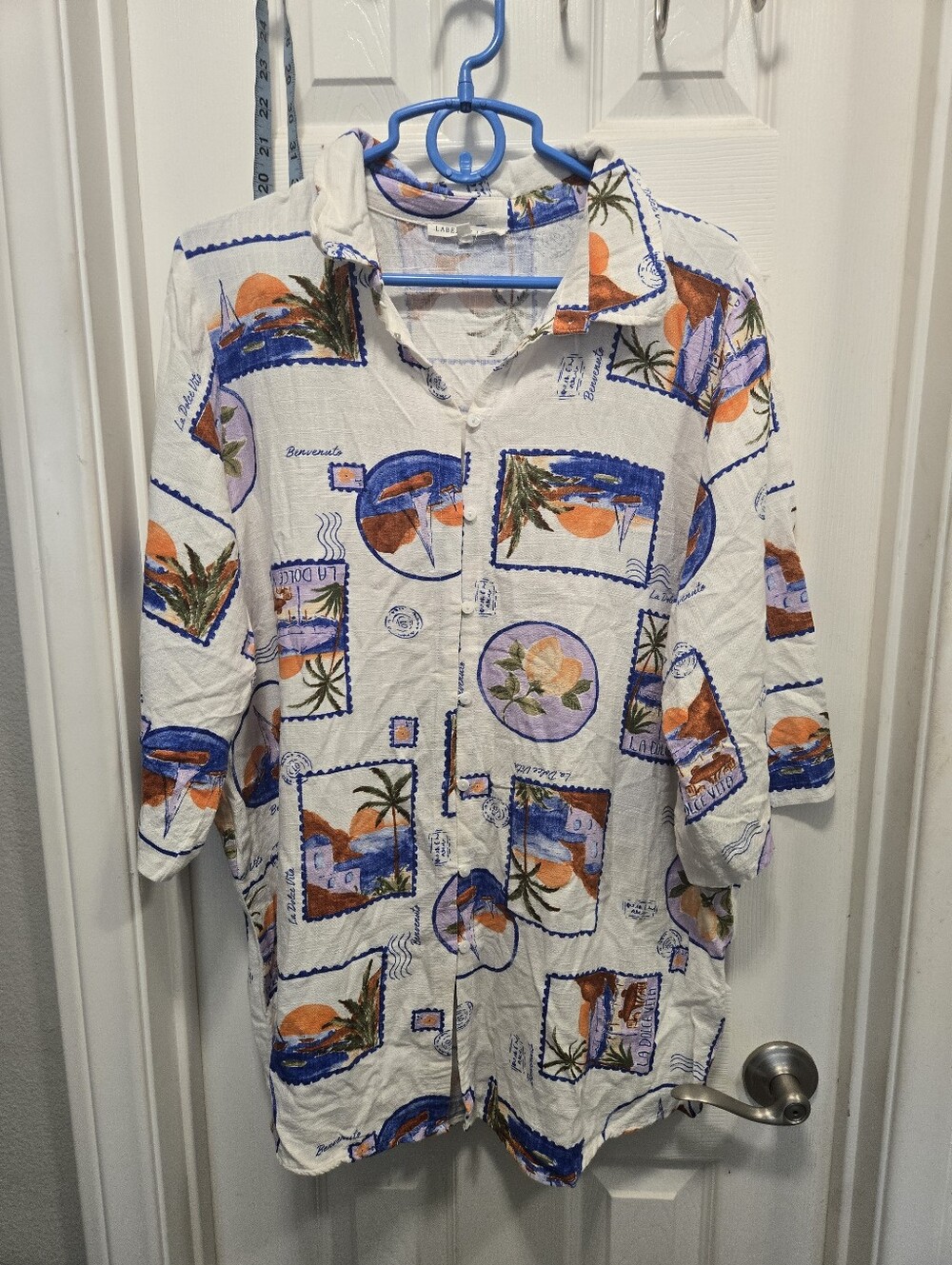 Label of Love "La Dolce Vita" linen-blend button-down tropical postcard print XL